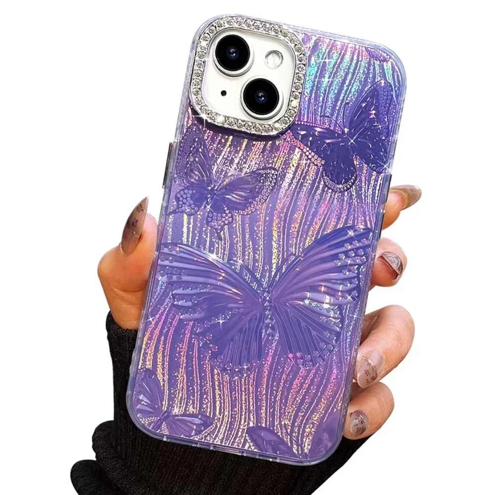 iPhone 14 iPhone 13 Case Butterfly Design 3D Diamond Camera Lens NEW Purple